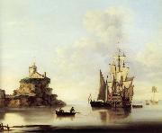 Francis Swaine, An English two-deker and a Dutch barge at anchor off a coastal fort